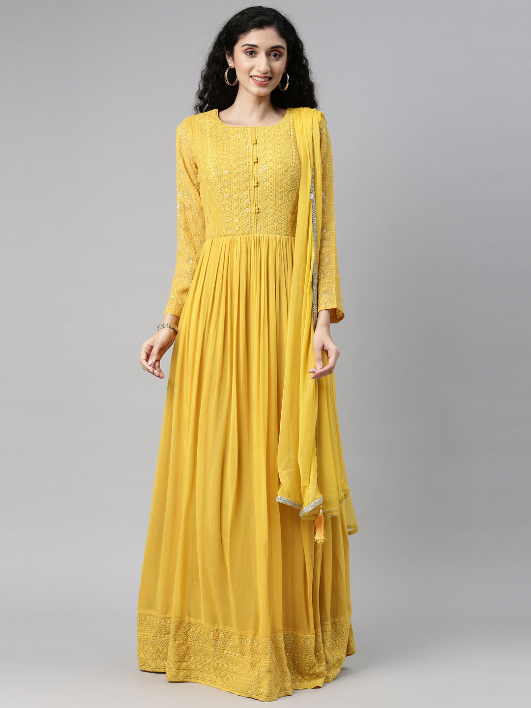 Neerus Yellow georgette thread embroidered anarkali gown - front view