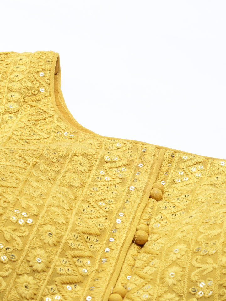 Neerus Yellow georgette thread embroidered anarkali gown - back view