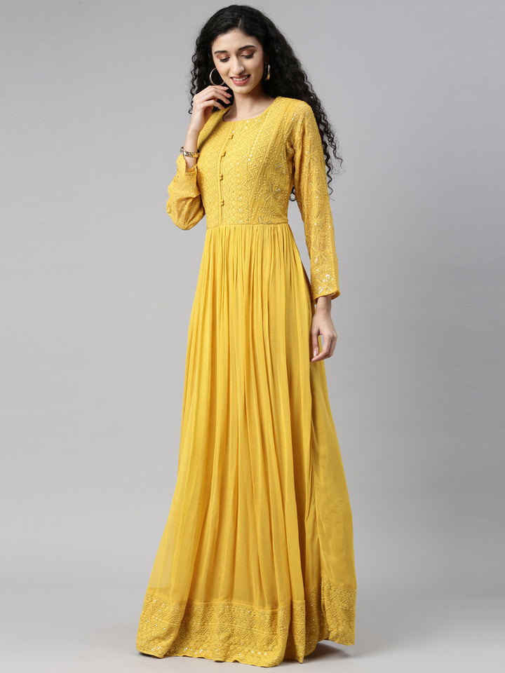 Neerus Yellow georgette thread embroidered anarkali gown - detail view 10
