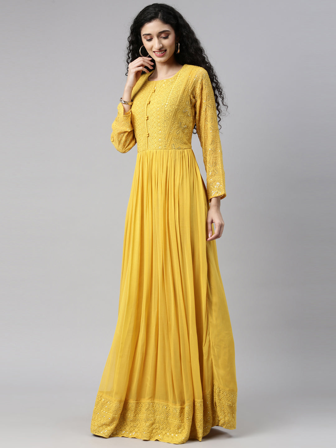 Neerus Yellow georgette thread embroidered anarkali gown - detail view 19