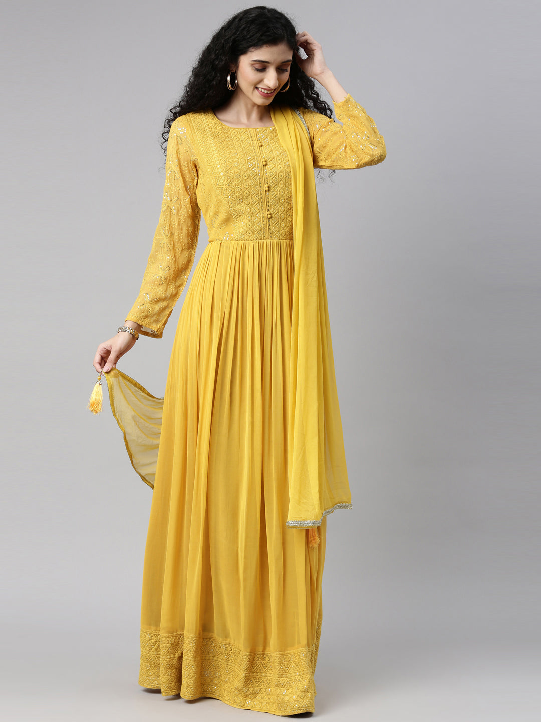 Neerus Yellow georgette thread embroidered anarkali gown - detail view 11