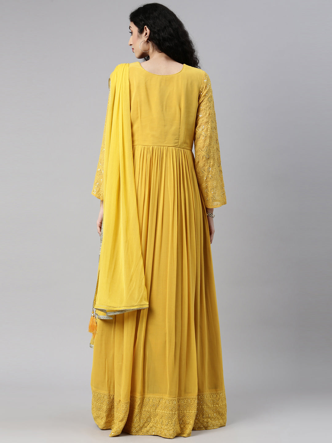 Neerus Yellow georgette thread embroidered anarkali gown - detail view 3