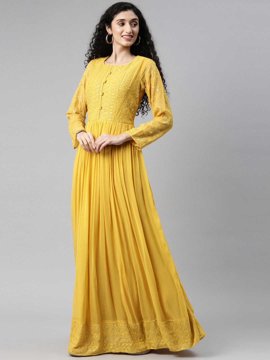 Neerus Mustard Color Georgette Fabric Gown