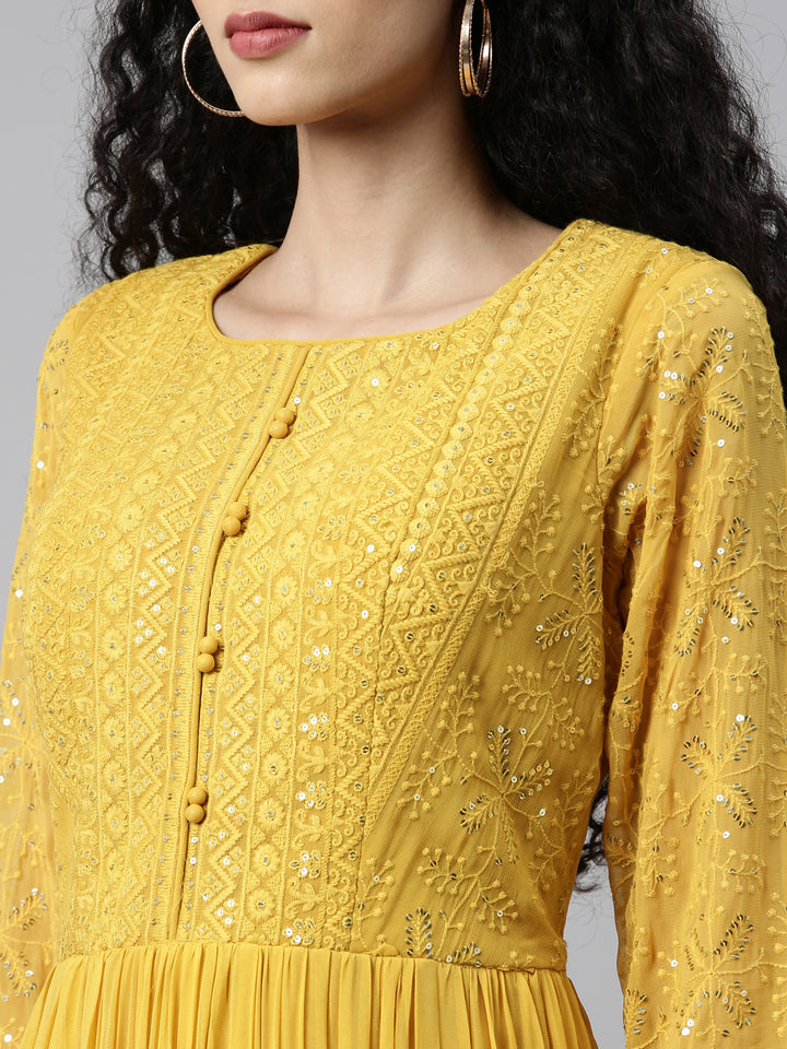 Neerus Yellow georgette thread embroidered anarkali gown - detail view 15
