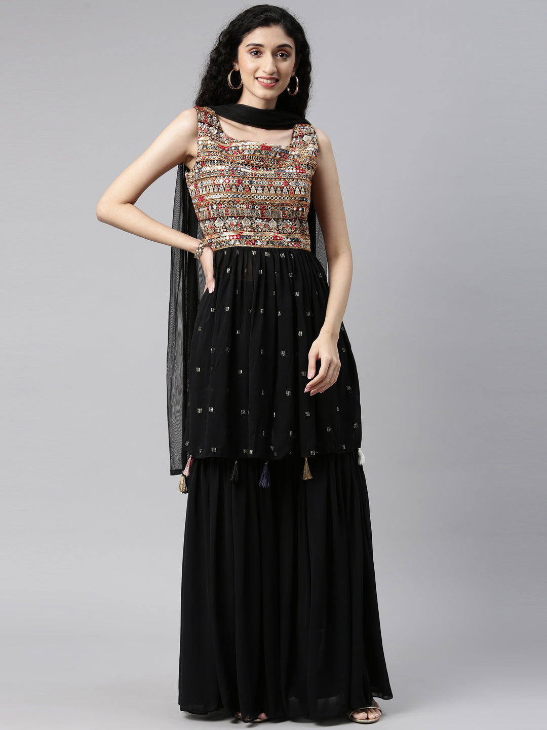 Neerus Black Color Georgette Fabric Kurta Set