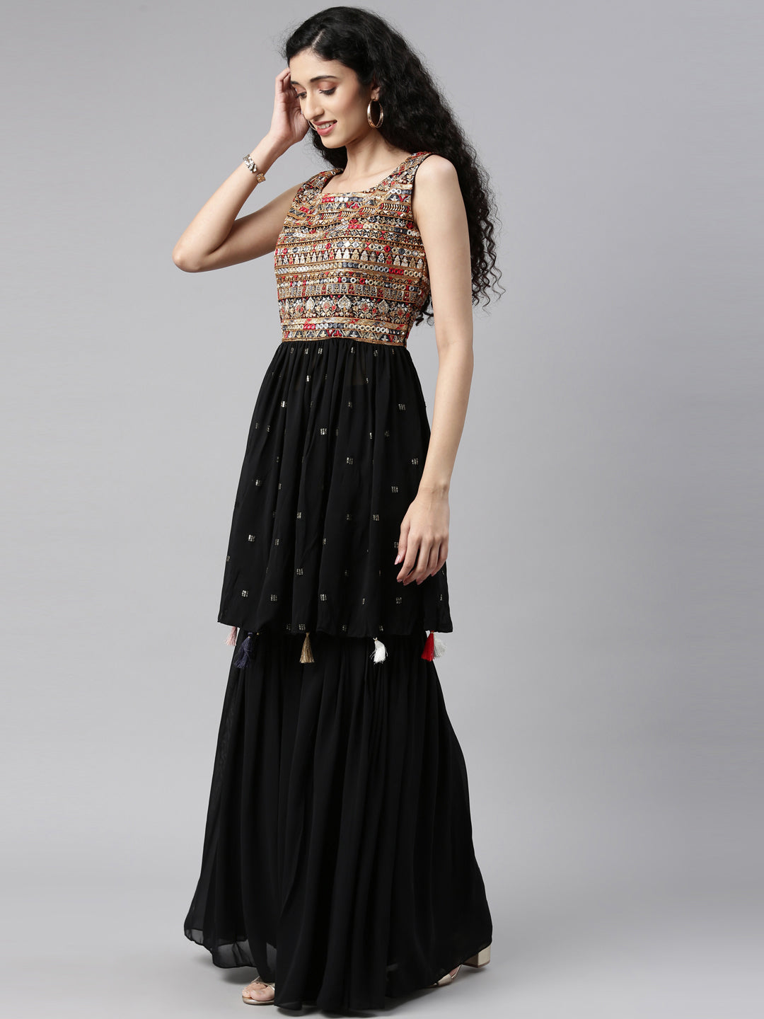 Neerus Black Color Georgette Fabric Kurta Set