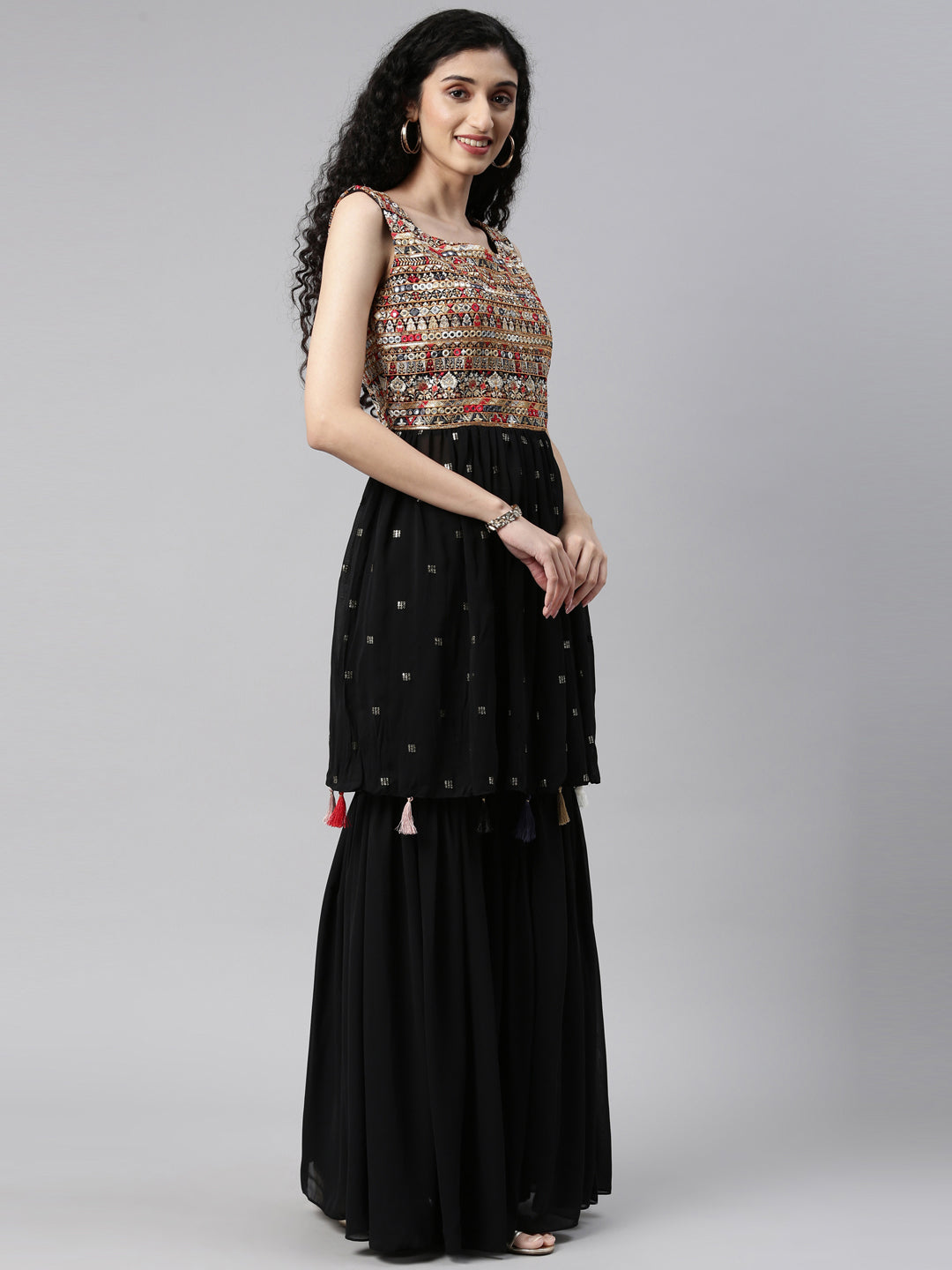Neerus Black Color Georgette Fabric Kurta Set