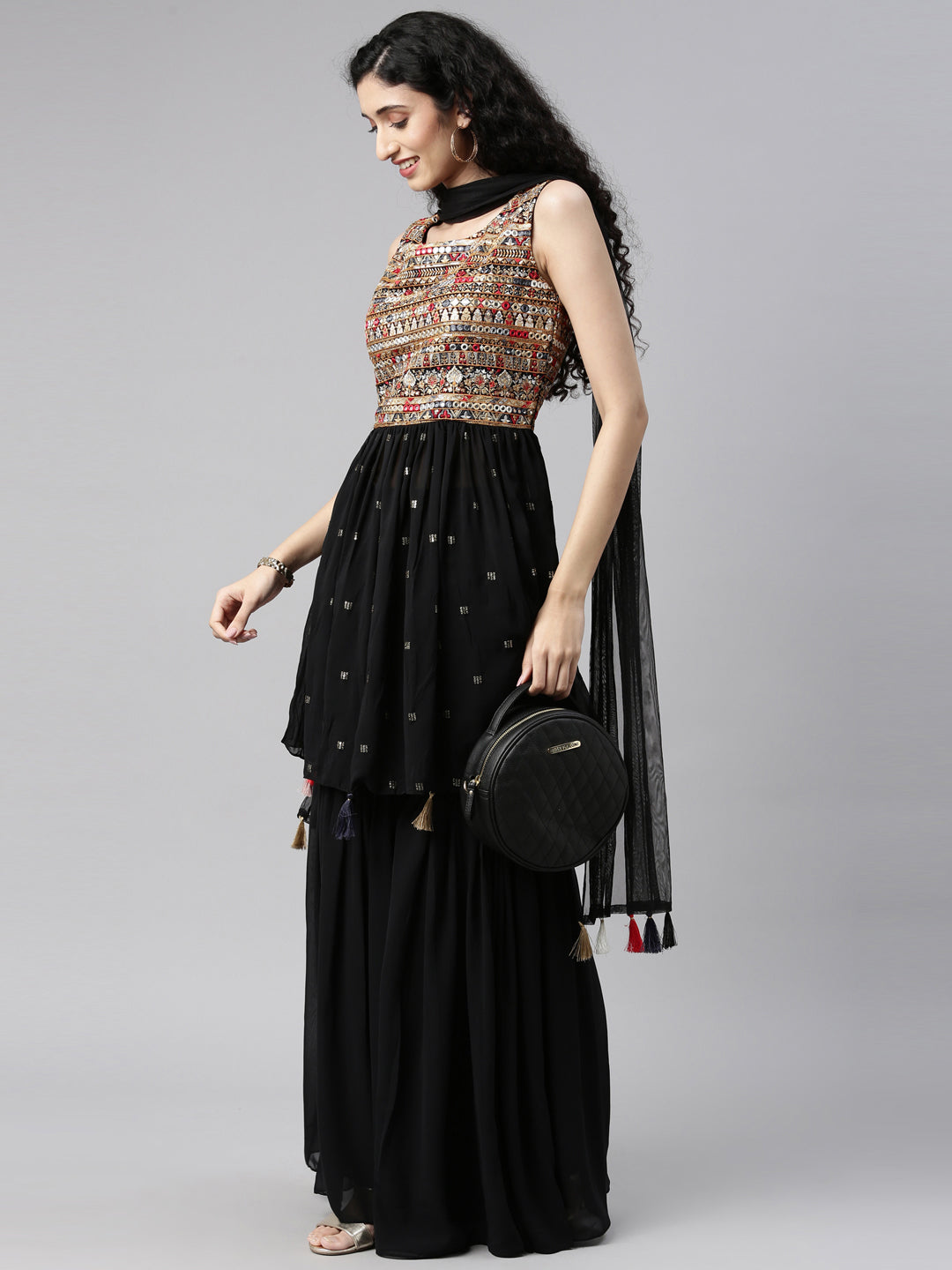 Neerus Black Color Georgette Fabric Kurta Set