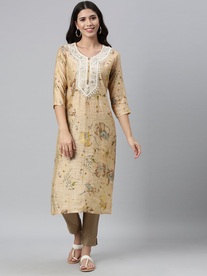 Neerus Beige Color Silk Fabric Kurta
