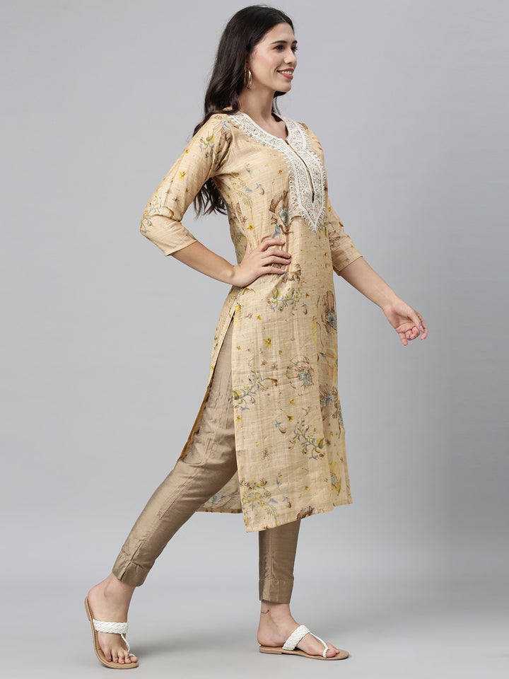 Neerus Beige Color Silk Fabric Kurta