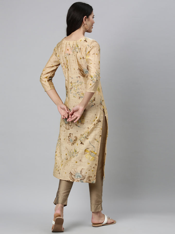 Neerus Beige Color Silk Fabric Kurta