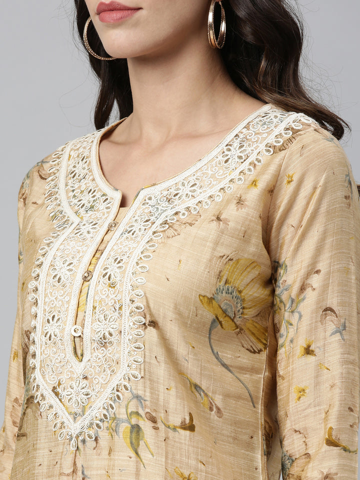 Neerus Beige Color Silk Fabric Kurta