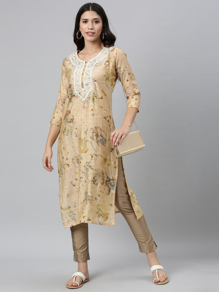 Neerus Beige Color Silk Fabric Kurta