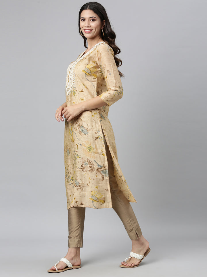 Neerus Beige Color Silk Fabric Kurta