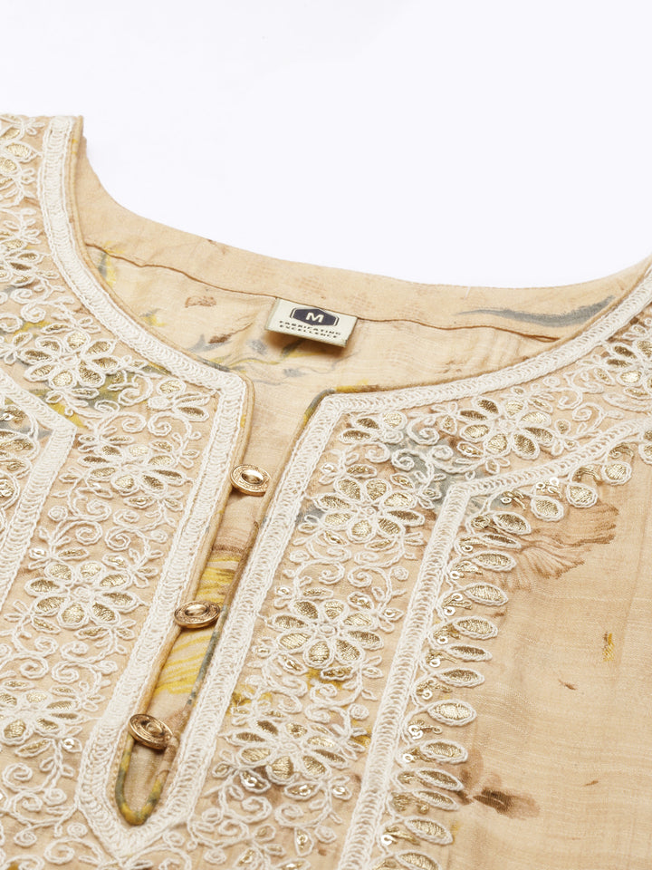 Neerus Beige Color Silk Fabric Kurta