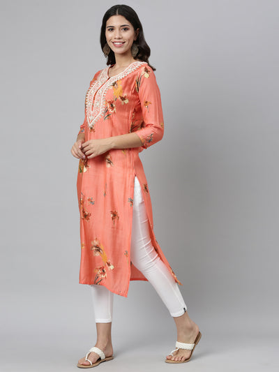 Neeru's Carrot Color Silk Fabric Kurta