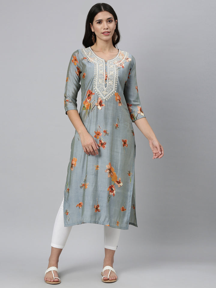 Neerus Grey silk thread embroidered straight kurti - front view