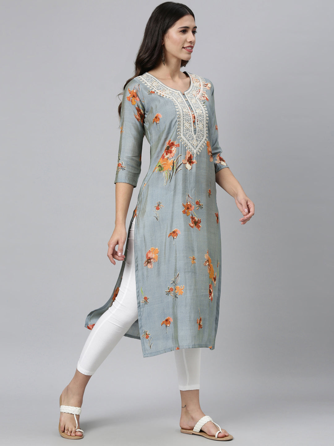 Neerus Grey silk thread embroidered straight kurti - back view
