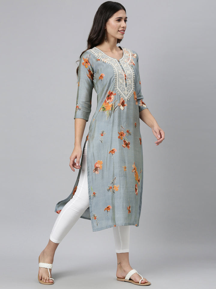 Neerus Grey silk thread embroidered straight kurti - back view