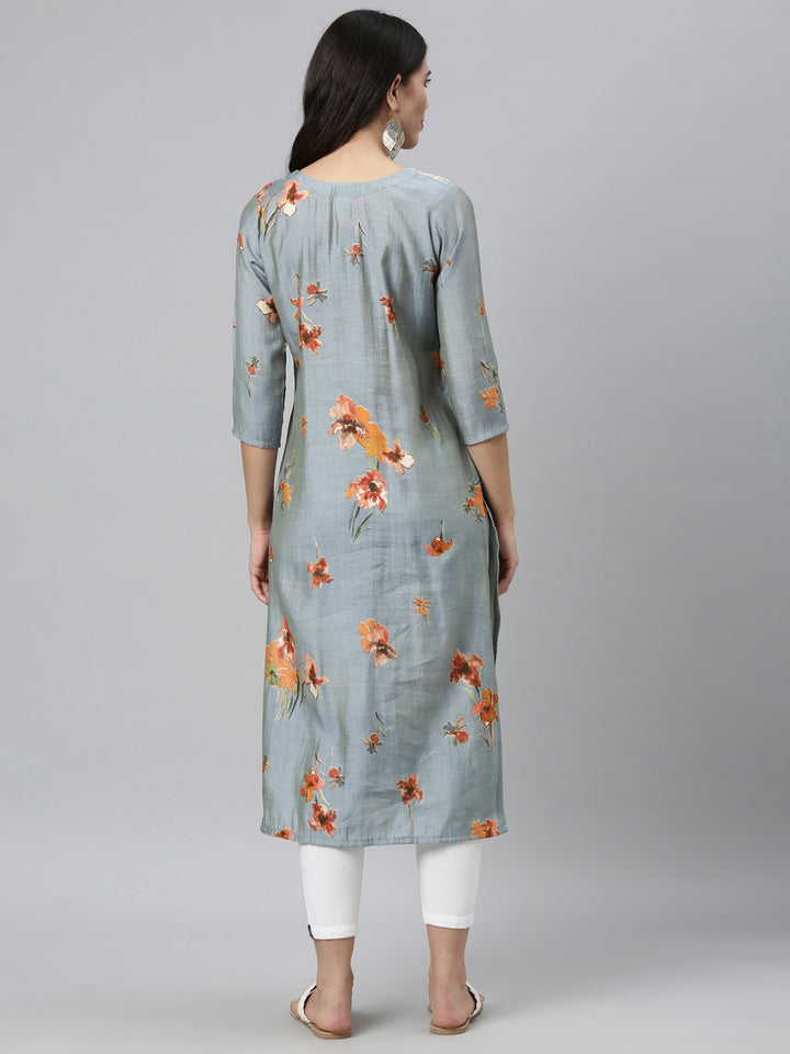 Neerus Grey silk thread embroidered straight kurti - side view
