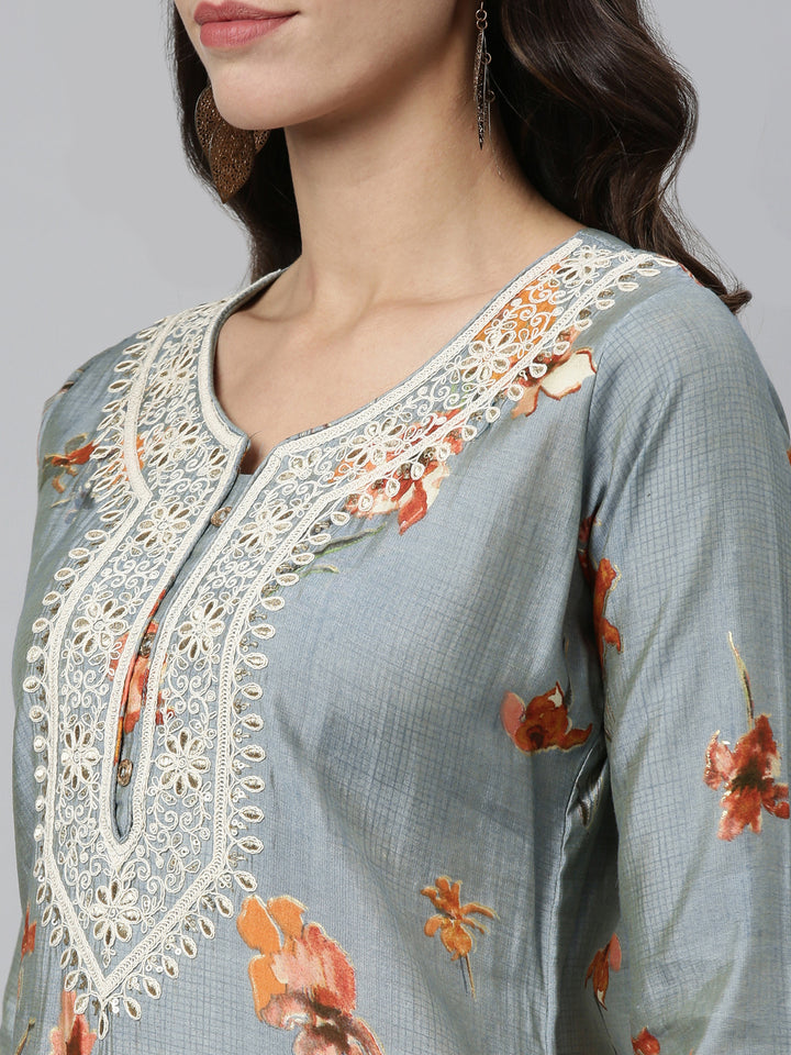 Neerus Grey silk thread embroidered straight kurti - detail view 1