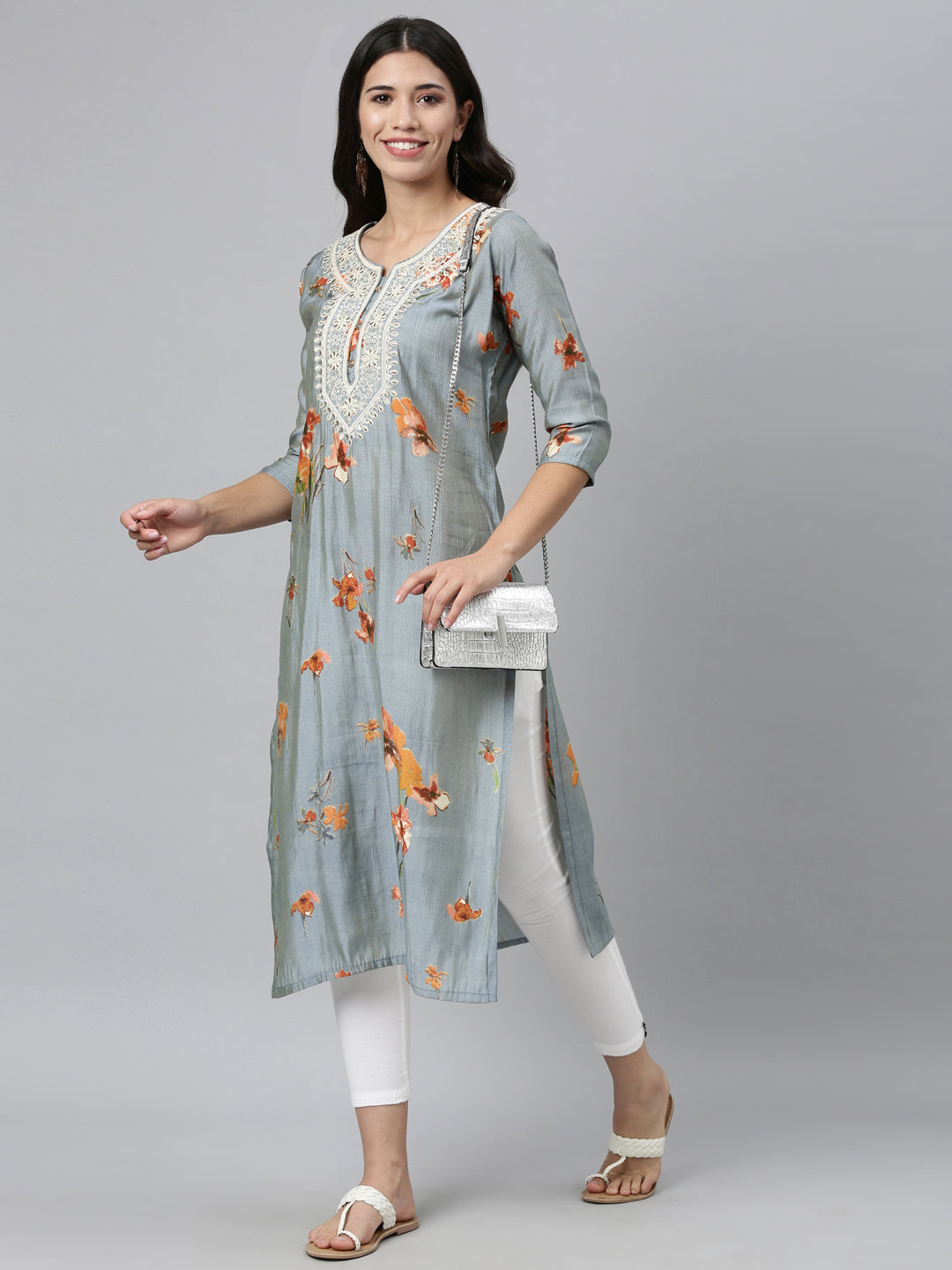 Neerus Grey silk thread embroidered straight kurti - detail view 2