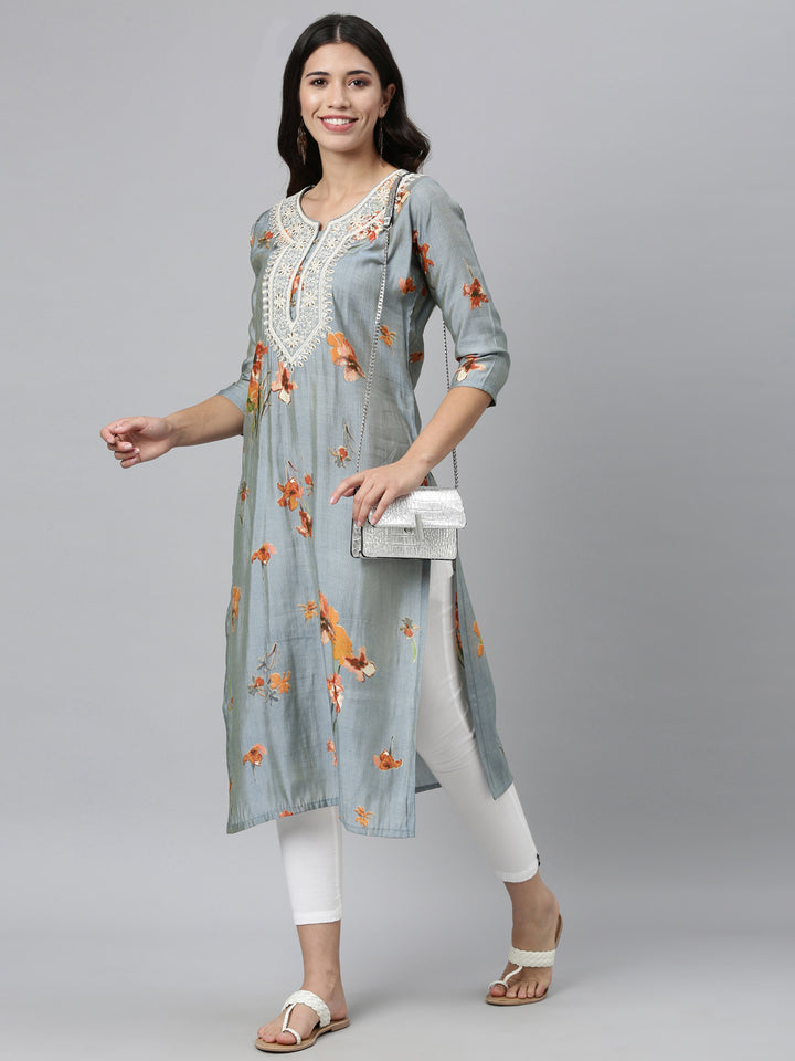 Neerus Grey silk thread embroidered straight kurti - detail view 2