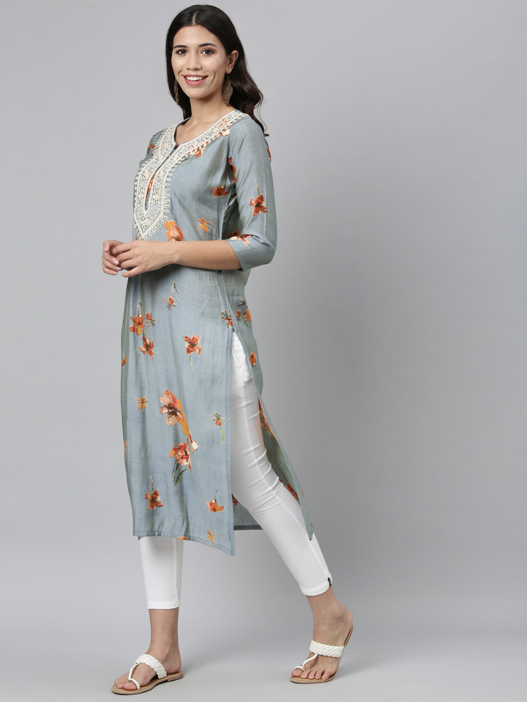 Neerus Grey silk thread embroidered straight kurti - detail view 3