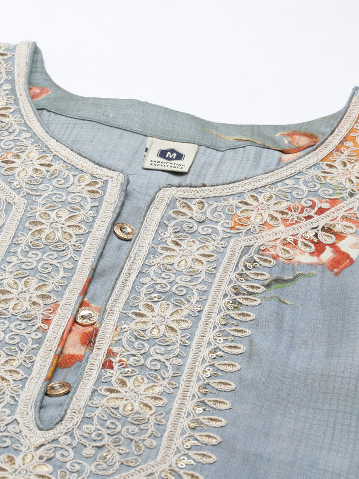 Neerus Grey silk thread embroidered straight kurti - detail view 4