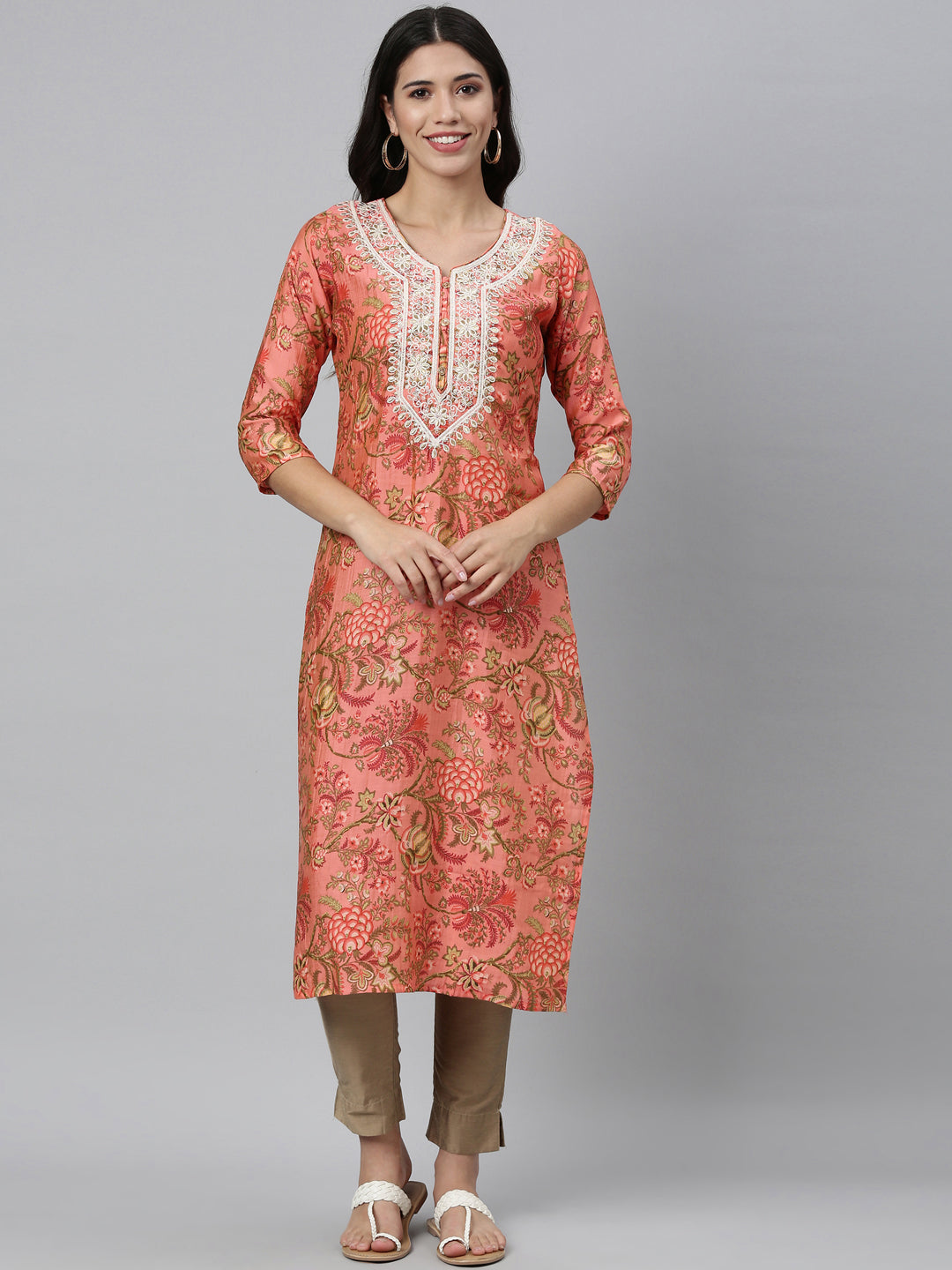 Neerus Orange silk thread embroidered kurti - detail view 4
