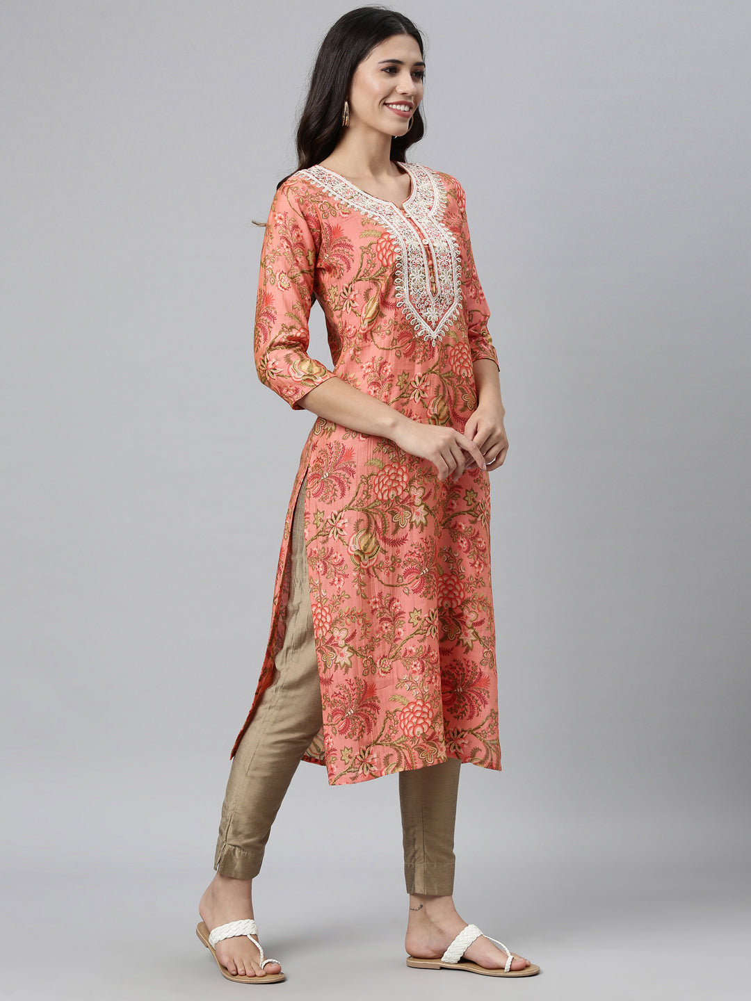 Neerus Orange silk thread embroidered kurti - front view