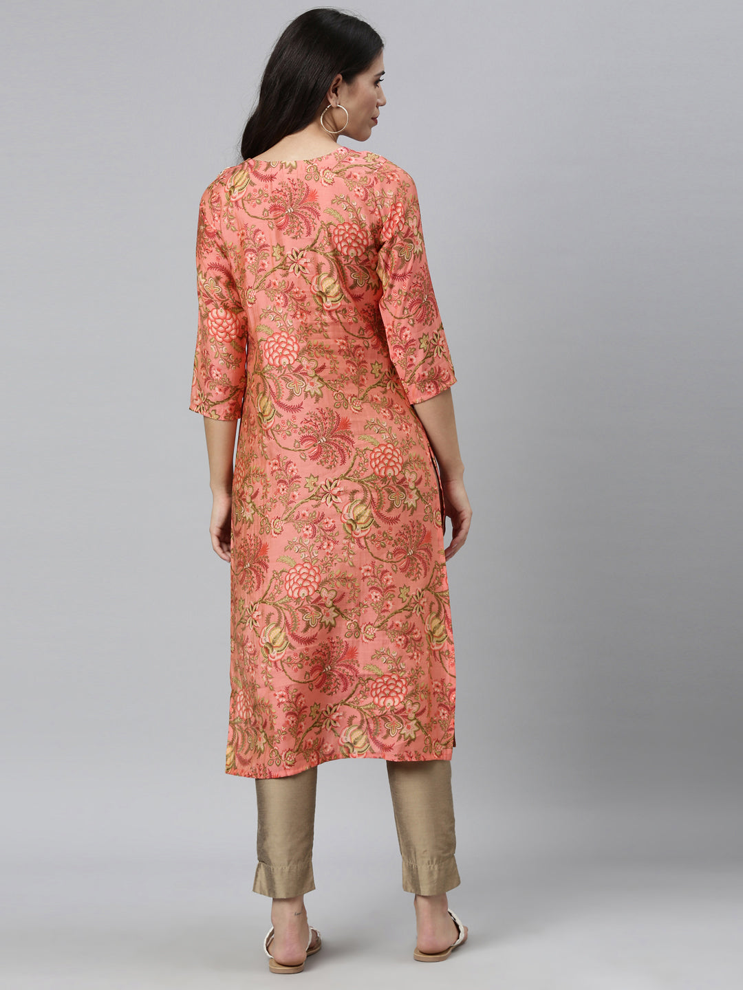 Neerus Orange silk thread embroidered kurti - back view