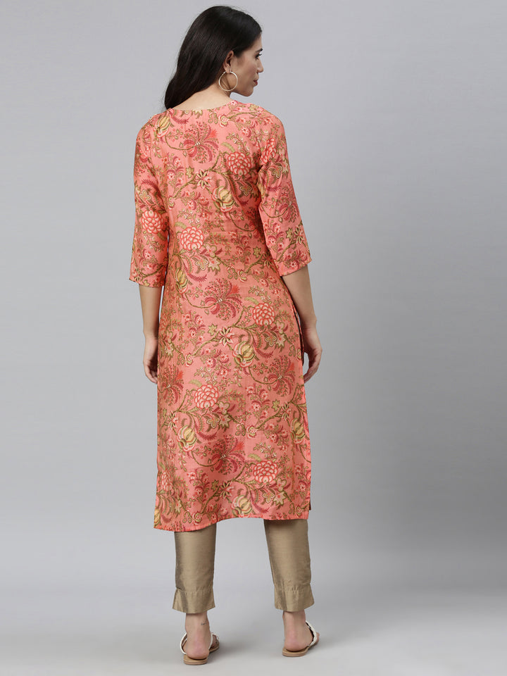 Neerus Orange silk thread embroidered kurti - back view
