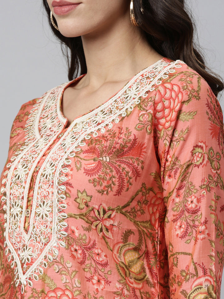Neerus Orange silk thread embroidered kurti - side view