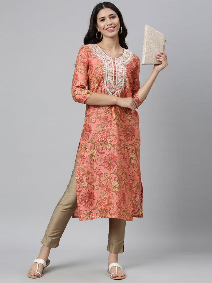 Neerus Orange silk thread embroidered kurti - detail view 1