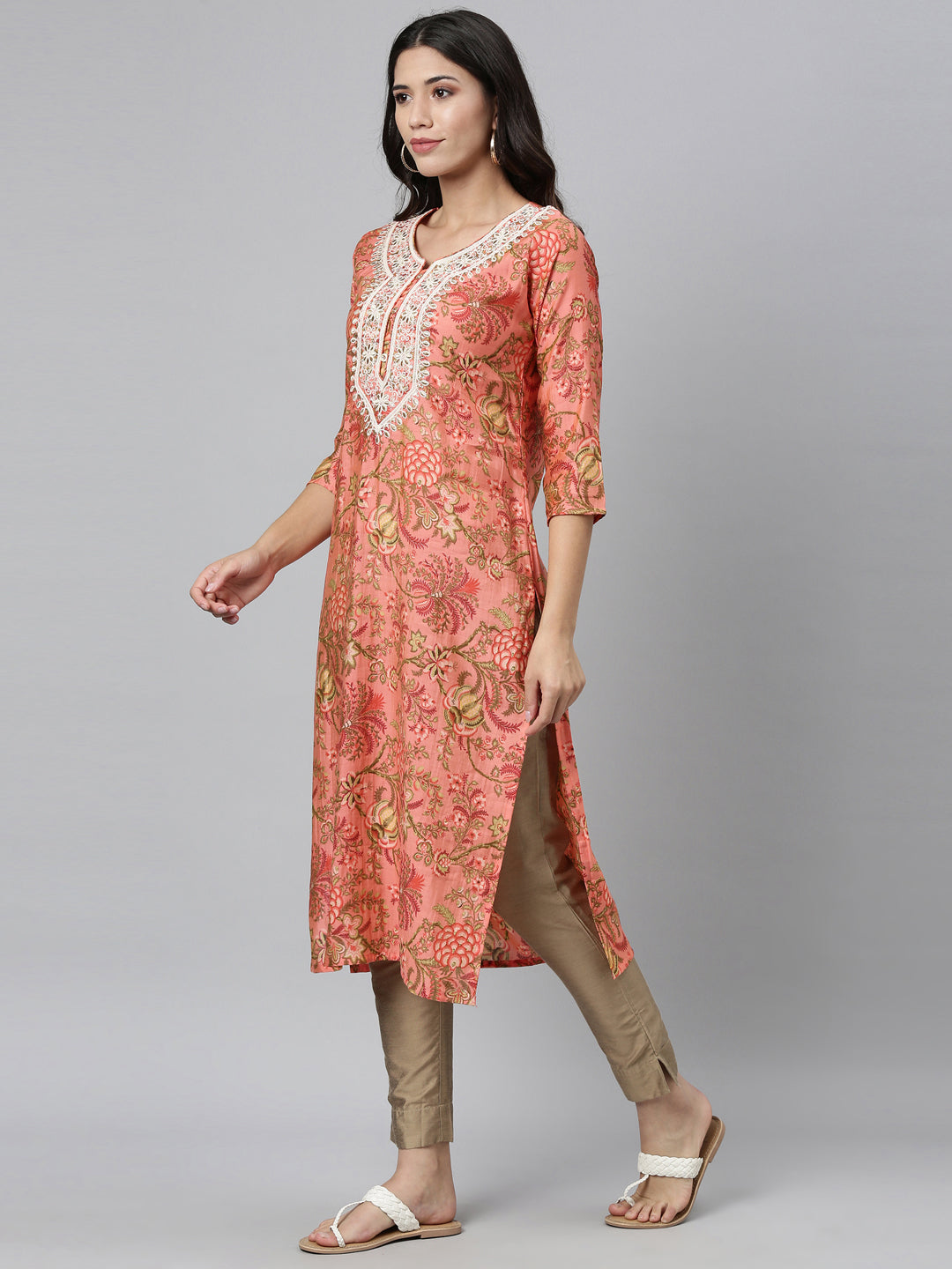 Neerus Orange silk thread embroidered kurti - detail view 2