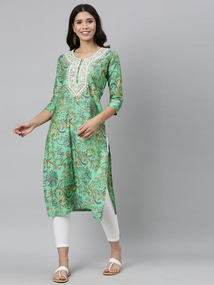 Neerus Green Silk Thread Embroidered Kurti - front view