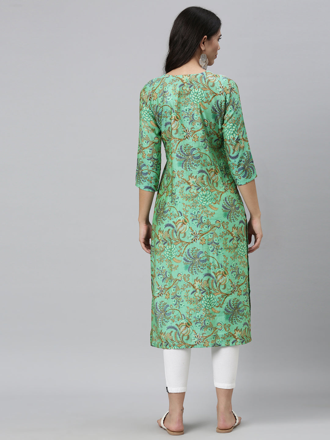 Neerus Green Silk Thread Embroidered Kurti - side view