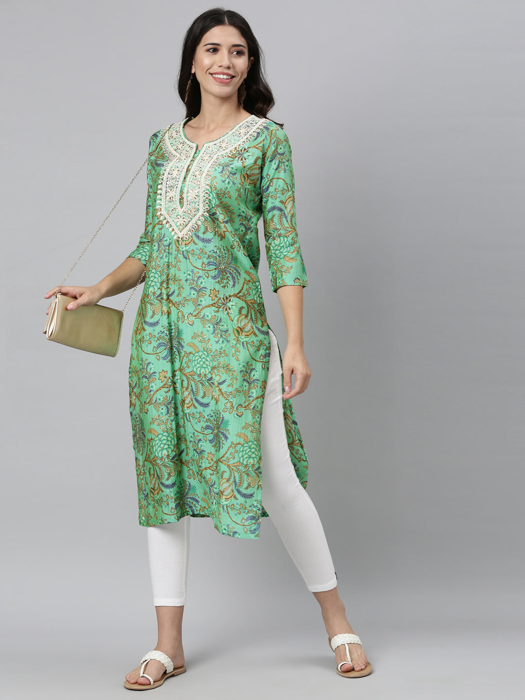 Neerus Green Silk Thread Embroidered Kurti - detail view 2