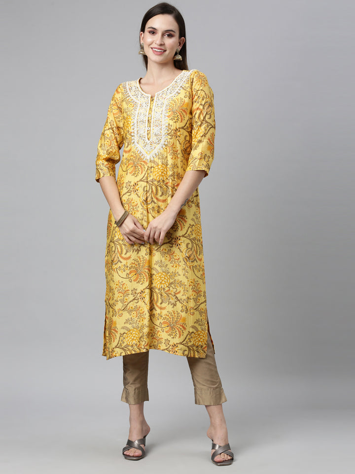 Neerus Yellow Color Silk Fabric Kurta