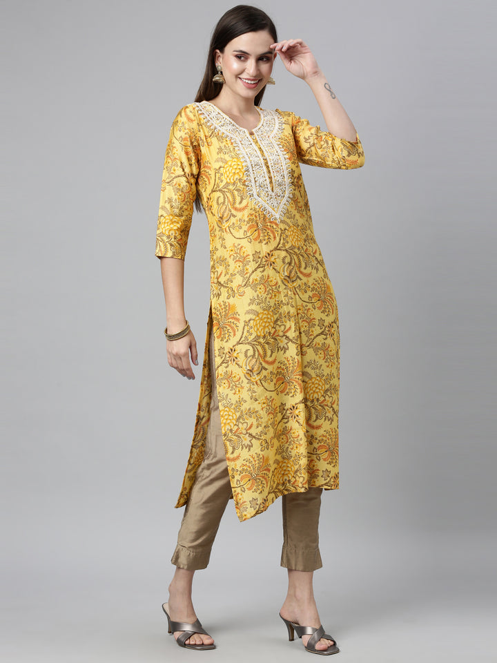 Neerus Yellow Color Silk Fabric Kurta