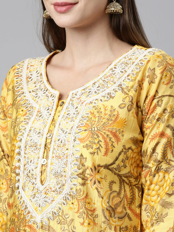 Neerus Yellow Color Silk Fabric Kurta