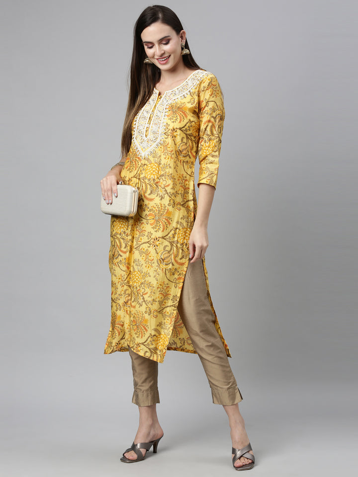 Neerus Yellow Color Silk Fabric Kurta