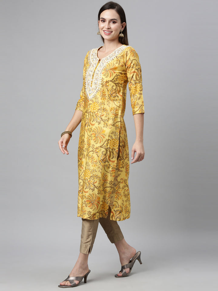 Neerus Yellow Color Silk Fabric Kurta