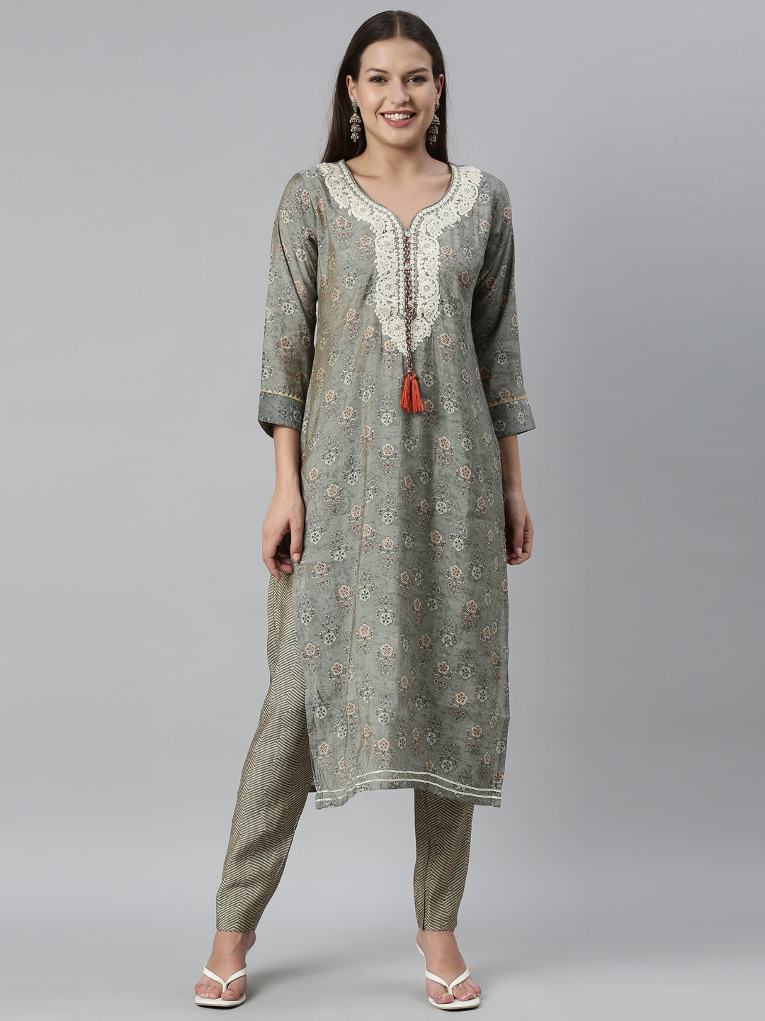 Neerus Grey muslin straight kurta set - detail view 7