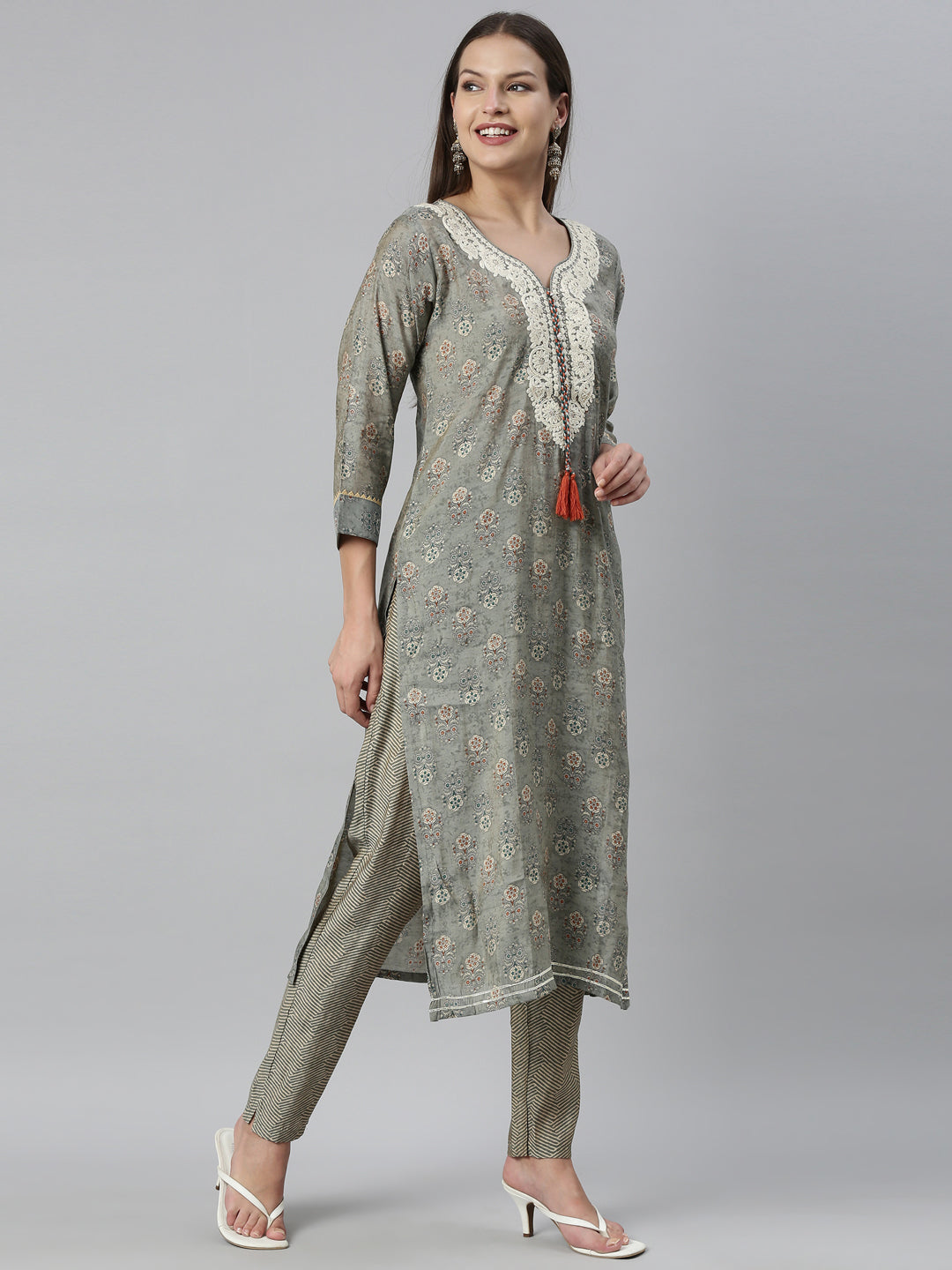 Neerus Grey muslin straight kurta set - detail view 1