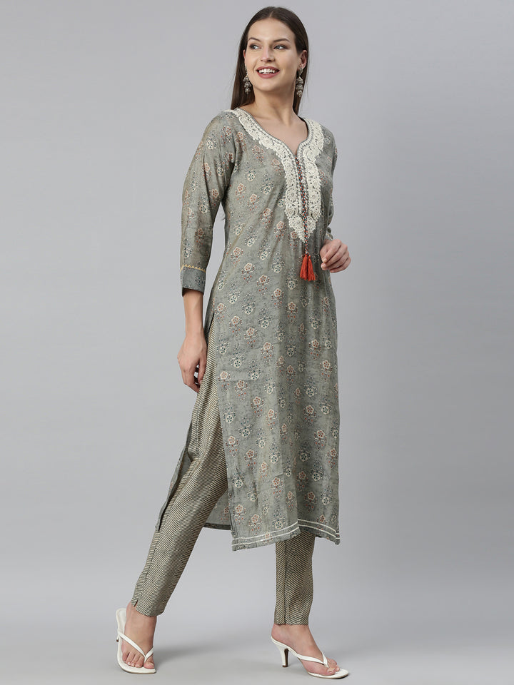 Neerus Grey muslin straight kurta set - detail view 1