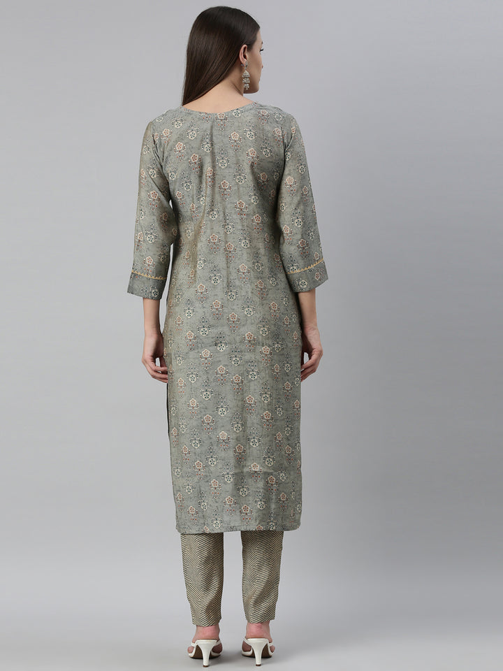 Neerus Grey muslin straight kurta set - detail view 2