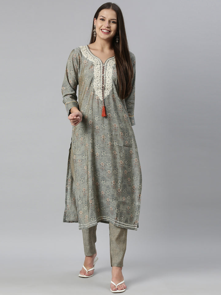 Neerus Grey muslin straight kurta set - detail view 3