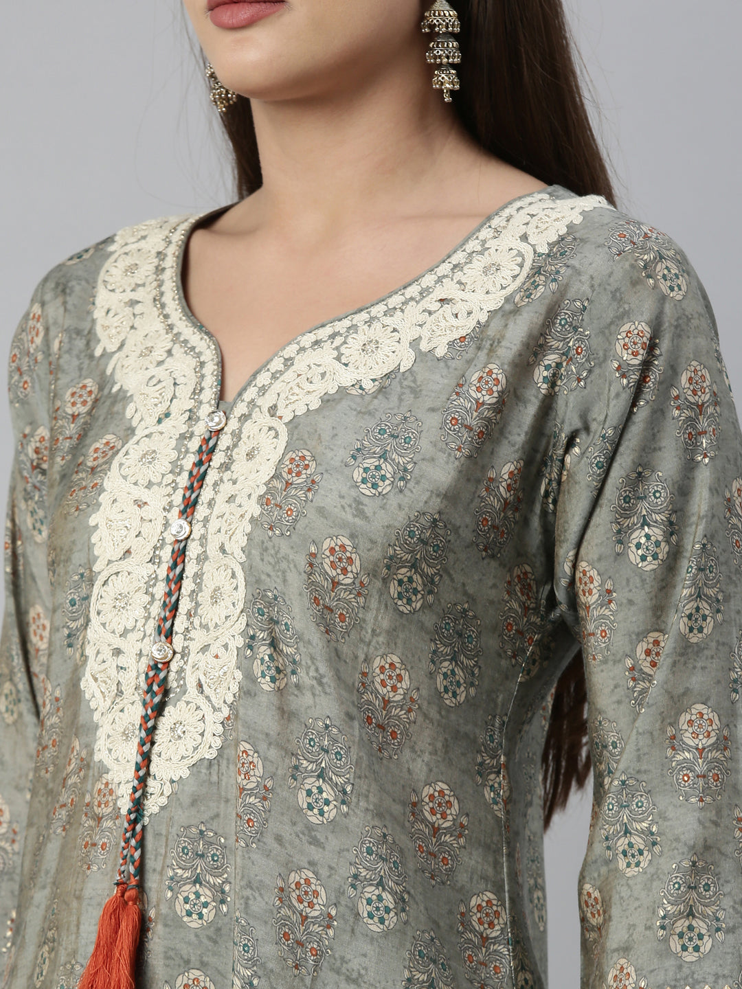 Neerus Grey muslin straight kurta set - detail view 5
